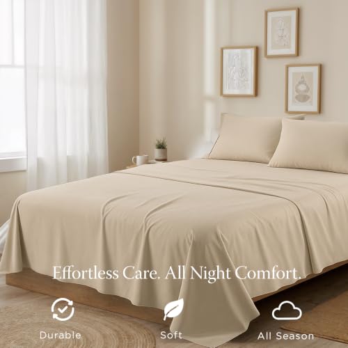 Image of Threadmill 300 Thread Count Cotton King Sheet Set, Sateen, Solid, Beige | 100% Cotton, Sateen Weave, 4-Piece Set, Breathable, All-Season, Lightweight, OEKO-TEX Certified, Machine Washable