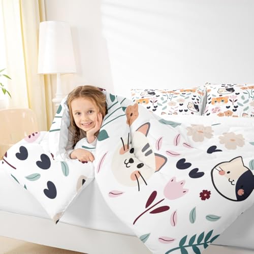 Image of Feelyou Cute Kitten Cat Comforter Set Toddler Size, Cartoon Cat Comforter Set Toddler Size Kawaii Cats and Flowers Comforter for Kids Toddler Cat Lover's Animal Duvet Set Lightweight Quilt Set