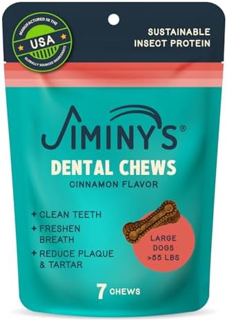similar to stock photo Jiminy's Dental Chews for Dogs, Cinnamon Flavor, Scientifically Proven to Improve Oral Health, Dental Bones Clean Teeth, Fight Bad Breath, and Removes Plaque and Tartar, Large, 7ct (Pack of 1) Single Pouch Large Breed