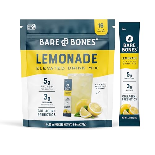Bare Bones Lemonade Elevated Drink Mix | Light & Flavorful | Gluten-Free & Naturally Sweetened | On-the-Go Stick Single-Serve Packs Powdered Refreshment | 5g Protein | 16 Packets (.60 oz)