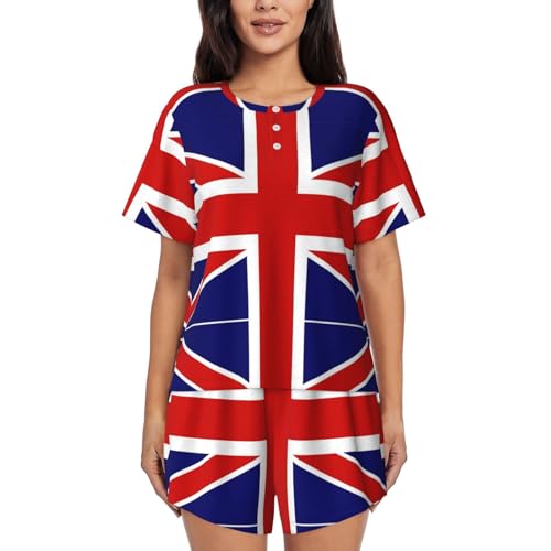 HDSKFNS Schlafanzug für Damen, Motiv: englische Flagge, 2-teilig, Nachtwäsche, kurzärmelig, Loungewear, für den Alltag zu Hause, Schwarz, L
