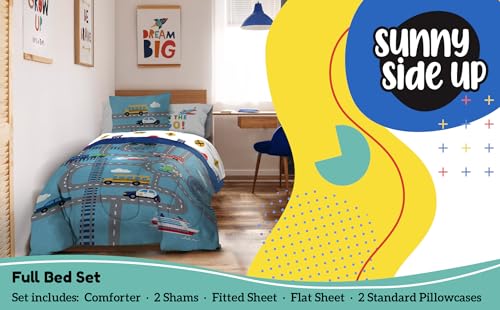 Image of Sunny Side Up On The Go Full Comforter Set - 7 Piece Kids Bedding Includes Comforter, Sheets & Pillow Cover - Super Soft Vehicles Microfiber Bed Set