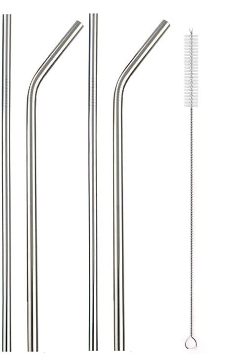 Set of 4 Stainless Steel Straws & Brush (2 Straight straws, 2 Bent straws, 1 Brush), Universally Fits cups including RTIC and Yeti and FIREKI Tumblers, Cleaning Brush Included