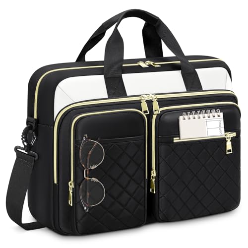 RAINSMORE Maletin Portatil 17.3 pulgadas Grande Bolso para Ordenador Portatil Mujer Bolso Maletin Trabajo Portadocumentos Mujer para Trabajo Oficina Universidad Profesora Blanco y Negro