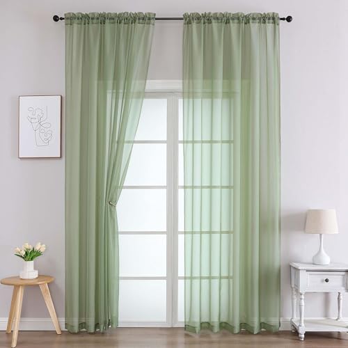 Image of Chyhomenyc Sage Green Sheer Curtains 78 Inches Long 2 Panels Set for Living Room, Light Filtering Voile Lightweight Bedroom Curtains, Rod Pocket Solid Window Treatment Drapes, Each 42W x 78L