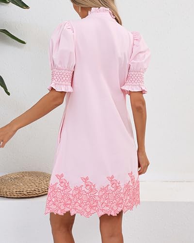 Women's Summer Embroidered Mini Dress Short Puff Sleeve Ruffle Collar Button Front Shift Dress4