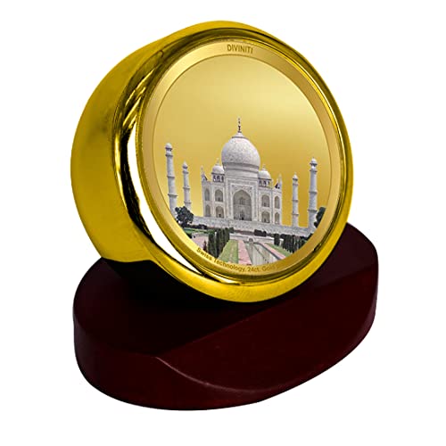 Image of DIVINITI 24K Gold Plated Taj Mahal Metallic Idol for Home Decor, Pooja Room, Office Desk & Car Dashboard | Premium Religious Gift with Wooden Stand for Blessings & Positivity|5.5 x 5.0 CM