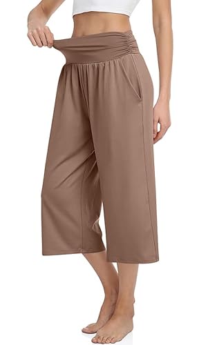 Tarse Women's Summer High Waisted Capri Pants Plus Size Casual Wide Leg Yoga Pants Loose Soft Pajamas With Pockets Sweatpants(Lightcoffee,Xxxl 3Xl) #TOP1