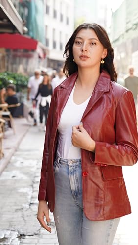 Genuine Soft Leather Blazer Women, Classic 2-Button Design, Casual Suit Style Real Lambskin Leather Jacket3