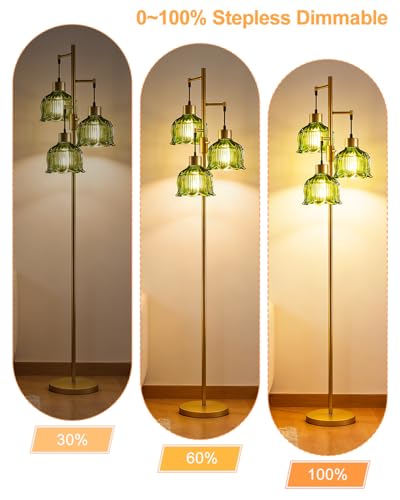 Image of Lightdot 3-Light Floral Floor Lamp 65'' Dimmable Floor Flower Lamp with Green Glass Shade& Bulbs Included, Mid Century Standing Tall Lamp with 5Lbs Heavy Base for Living Room /Bedroom /Sofa Beside-Gold