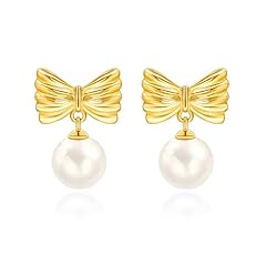 Gold Plated White Round Pearl Bow