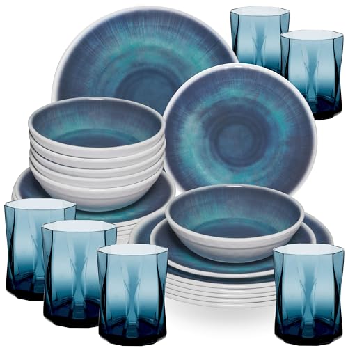 Melamin Geschirr Set Jesolo Blau für 6 Personen - 24 Teile - mit farblich...