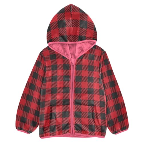GuoChe Plaid Black Red Girls Sherpa Jacket With Hood
