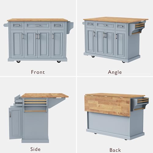54inch Kitchen Island with 11.8" Drop Leaf, 4 Doors and 3 Deep Drawers, Embossed Texture Rolling Kitchen Cart on 4 Wheels, Moveable & Stationary Kitchen Island for Dining Room (Grey Blue/268)