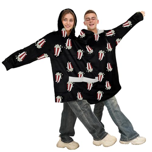 YUIQPKJX Couples Pajamas Adult Funny Popcorn Flannel Oversized Matching Hoodies with Pocket Halloween Mardi Gras Cosplay Sweatshirt (Black Onesize)