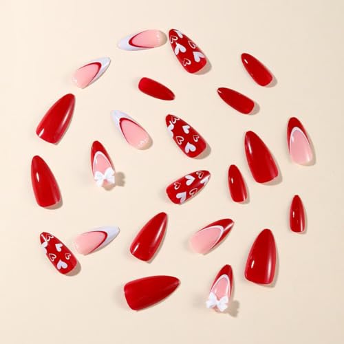 Image of French Tip Press on Nails Red Fake Nails Medium Almond False Nail with 3D Bow Design Nude Glue on Nails Glossy Acrylic Full Cover Heart Stick on Nail for Women Valentine's Day Manicure