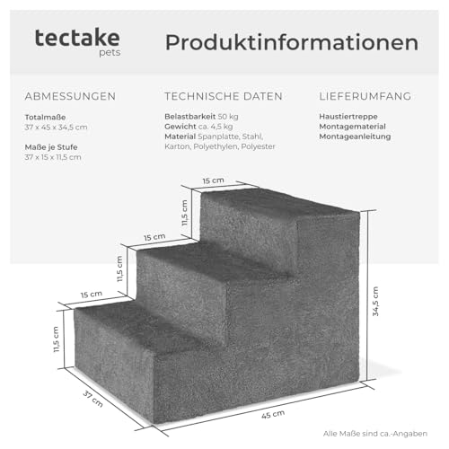 tectake® Hundetreppe oder Katzentreppe, Haustiertreppe, Einstiegshilfe mit waschbarem Bezug, extra Flache Treppenstufen, Tiertreppe für Sofa, Bett oder Auto (grau, 37 x 45 x 34,5 cm, 3)