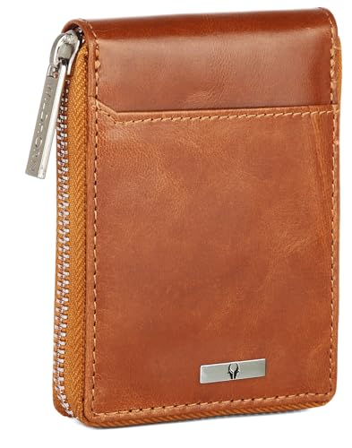 WILDHORN Leather 9 Slot Vertical Credit Debit Card Holder for Men & Women I Zipper Money Wallet I Coin Purse I External ID Slot I Cash Compartment, Tan Crunch, Modern
