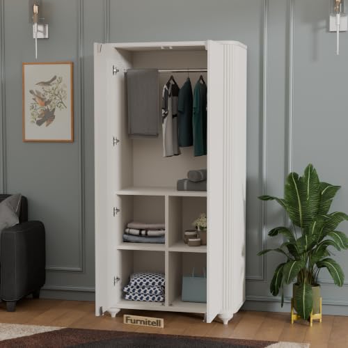 Image of 2 Door Wardrobe Almirah for Bedroom, 72 Inch | Premium HDHMR Wooden Cupboard with Hanging Rod & Storage Compartments | Fluted Push-to-Open Clothes Organizer Cabinet | White Finish