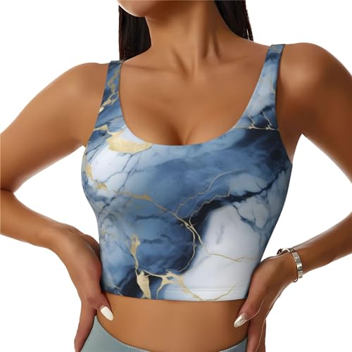 Modern Ocean Blue Marb Print Sports Bras for Women, Built in Bra Athletic Workout Crop Tank Tops for Women