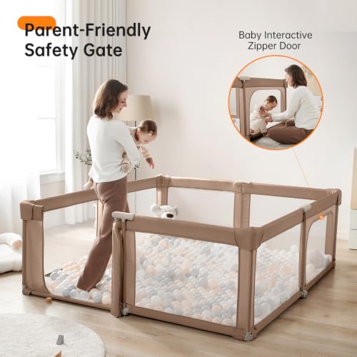 Image of Foldable Baby Playpen,Portable Play Pen for Babies 6-12 Months,59 inchx59 inch Playpen for Babies and Toddlers with Gate,Indoor & Outdoor Collapsible Baby Play Pen with Travel Bag(Deep Khaki)