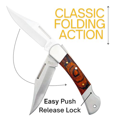 3.75" Spanish Brown Wood Handle Pocket Knife | Rockback Traditional Folding Knife for Outdoor Hunting Camping EDC