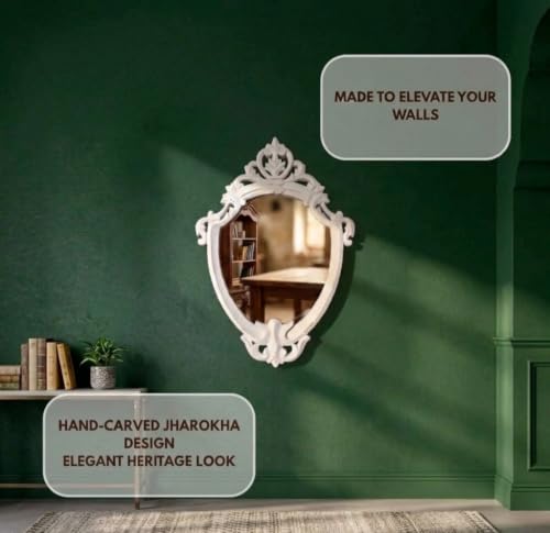 Image of Maharani Mirror Frame for Living Room Bedroon Bathroom (Maharani Mirror Frame) & Jharokha Style Mirror Frame (Size18x12inch). (White Antique)