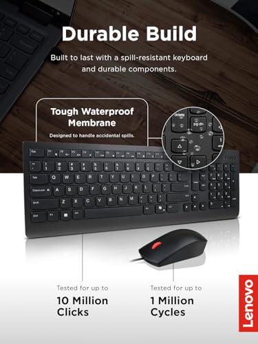 Image of Lenovo Essential Wired Keyboard & Mouse Combo - US English, Adjustable Feet, Spill Resistant Keys, Full Size Ambidextrous Optical Mouse, 1600 DPI, Black