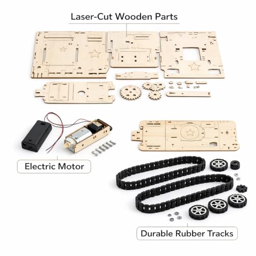 Image of Electric Army Tank DIY Wooden Model Kit - Motorized Educational STEM Toy with Tracks - Creative Building Toy for Kids & Teens (Electric Army Tank)