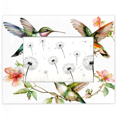 Mintoprints Marco de fotos de colibrí de 5 x 7 pulgadas, diseño de pájaro de flores, colorido de 4 x 6 con paspartú o de 4 x 6 sin paspartú, marco de fotos de madera para pared o mesa