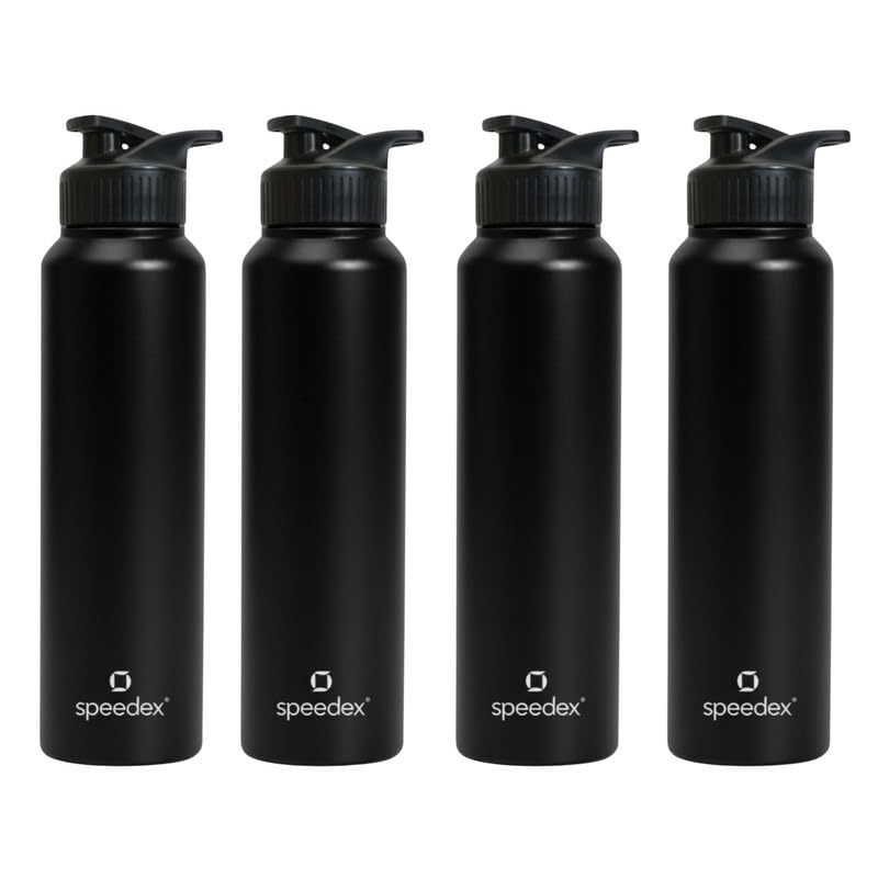 Image of Speedex Stainless Steel Metal Water Bottle 1 Ltr 1000 ml, BIS Approved, Leak Proof Sipper Cap Bottle for Office, School, Gym, Travel, Daily Use for Men, Women, Kids, Adults, Black, Set of 4