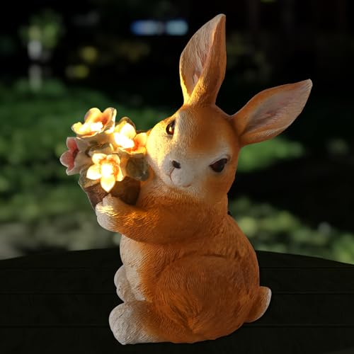 AFINETH Garden Outdoor Decor, Rabbit Statues with Solar Flowers Light, Resin Garden Statues, Outsides Decorations for Patio, Balcony, Yard, Porch, Lawn, Gifts for Bunny Lovers Gardeners (Warm White)
