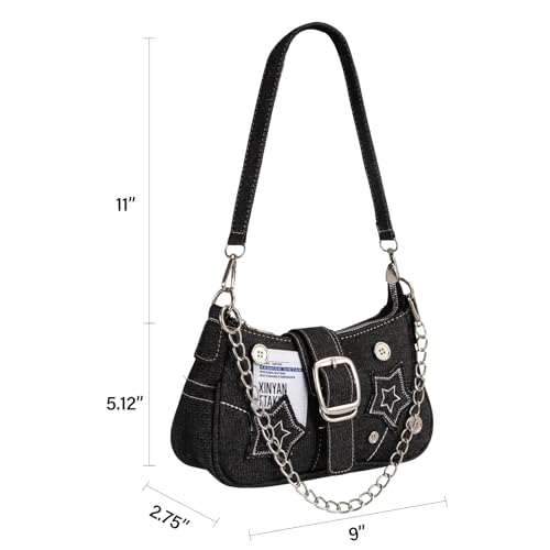 Image of Cute Y2k Purse for Women, Star Embroidery Pattern with Chain Strap Shoulder Bag, Goth Style Cute Mini Purse