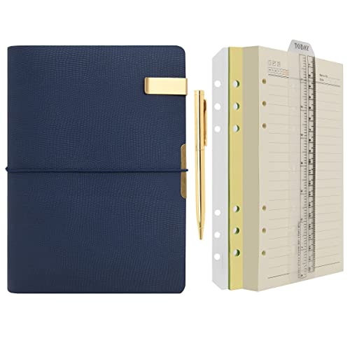 Wonderpool Carpeta de anillas de cuero para diario, cuaderno de papel recargable con forro de escritura, 6 anillos con blocs de notas para viajes de oficina y agenda de planes (b-Azul, A5) 🔥