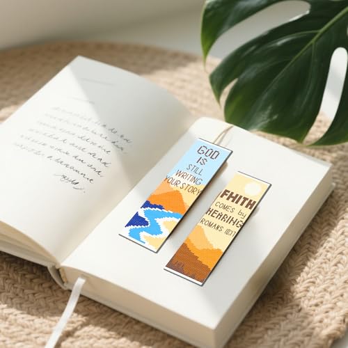 Image of FREEBLOSS 11CT 6 Set Cross Stitch Bookmark Kit Landscape Stamped Embroidery Bookmark Kit with Instructions 6 Back Felt Bookmarks Making Set for Adults Book Lovers, 8 inchx2.4 inch