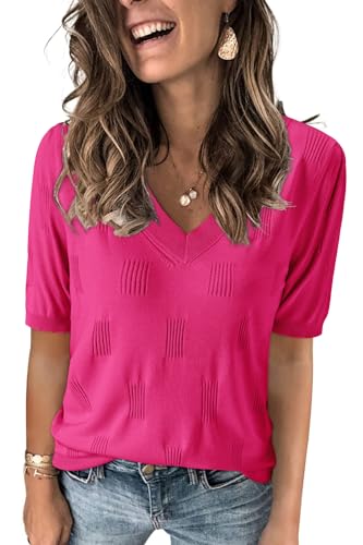 Image of Arach&Cloz Women's Lightweight Spring Summer Sweater Tops Casual Short Sleeve Blouses Shirts