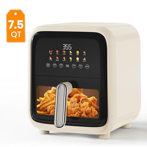 Image of Fullwill Air Fryer with Visible Window, 7.5QT,12-in-1 Multi-Function Air Fry,Roast,Bake, Dehydrate, Fries,Nonstick and Dishwasher-Safe Basket,Family&friends Party,1700W,Creamy White