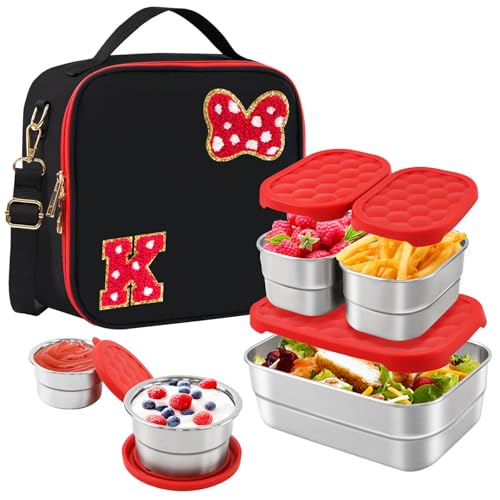 Insulated Lunch Box Set, Bow Mouse Preppy Initial Lunch Bag With Stainless Steel Bento Box, Cooler Snack Food Containers Back To School Gift Girls Teens Kid Women For Picnic Park Work Travel Black K