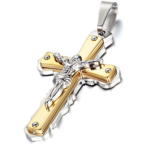 Flongo Collier Pendentif Acier Inoxydable Croix Chrétien Jésus Chaîne 55mm Couleur Argent Doré Bijoux Cadeau pour Homme