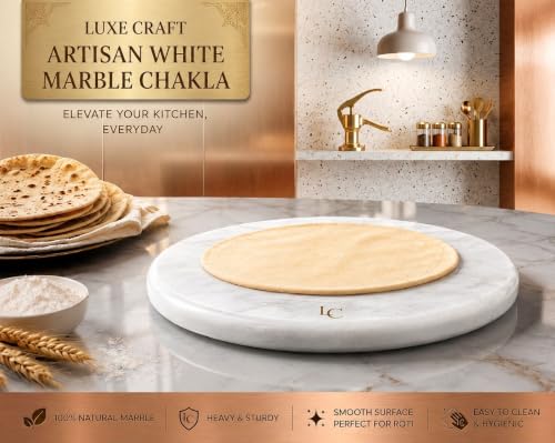 Image of Luxe Craft White Marble Chakla | Heavy Stone Roti Maker Board | Handmade Chapati Rolling Board for Kitchen | Premium Marble Roti Chakla for Chapati, Puri, Paratha & Baking Dough (10 Inch White)