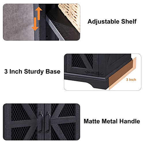 Accohoho LM014-24BK-5 24 Inch Farmhouse End Table - Wood Large Sofa Side Table With Charging Station, Mesh Barn Door, And Adjustable Storage Shelf, Rustic Square Nightstand thumb #4