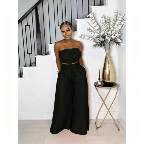 Image of Two Piece Sets for Women Summer Outfits Crop Tops and Wide Leg Pants Sets Sexy Jumpsuits Vacation Outfits with Pockets