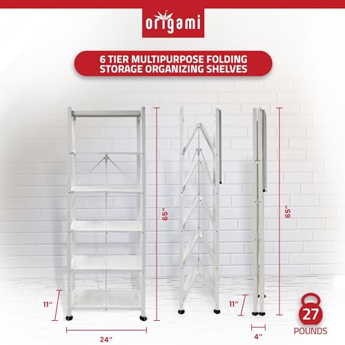 Image of Origami 6-Tier Metal Storage Shelves with Durable Steel Frame and Easy Assembly for Home, Kitchen, and Garage Shelving, White