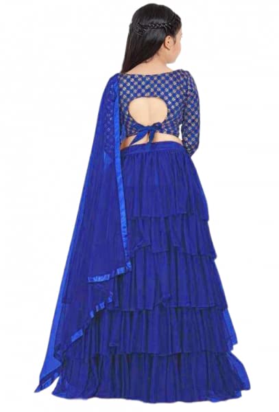 Image of RAINBOW CREATION Girl's Net Solid Reffel Work Lehenga Choli with Dupatta Unstitched Blouse
