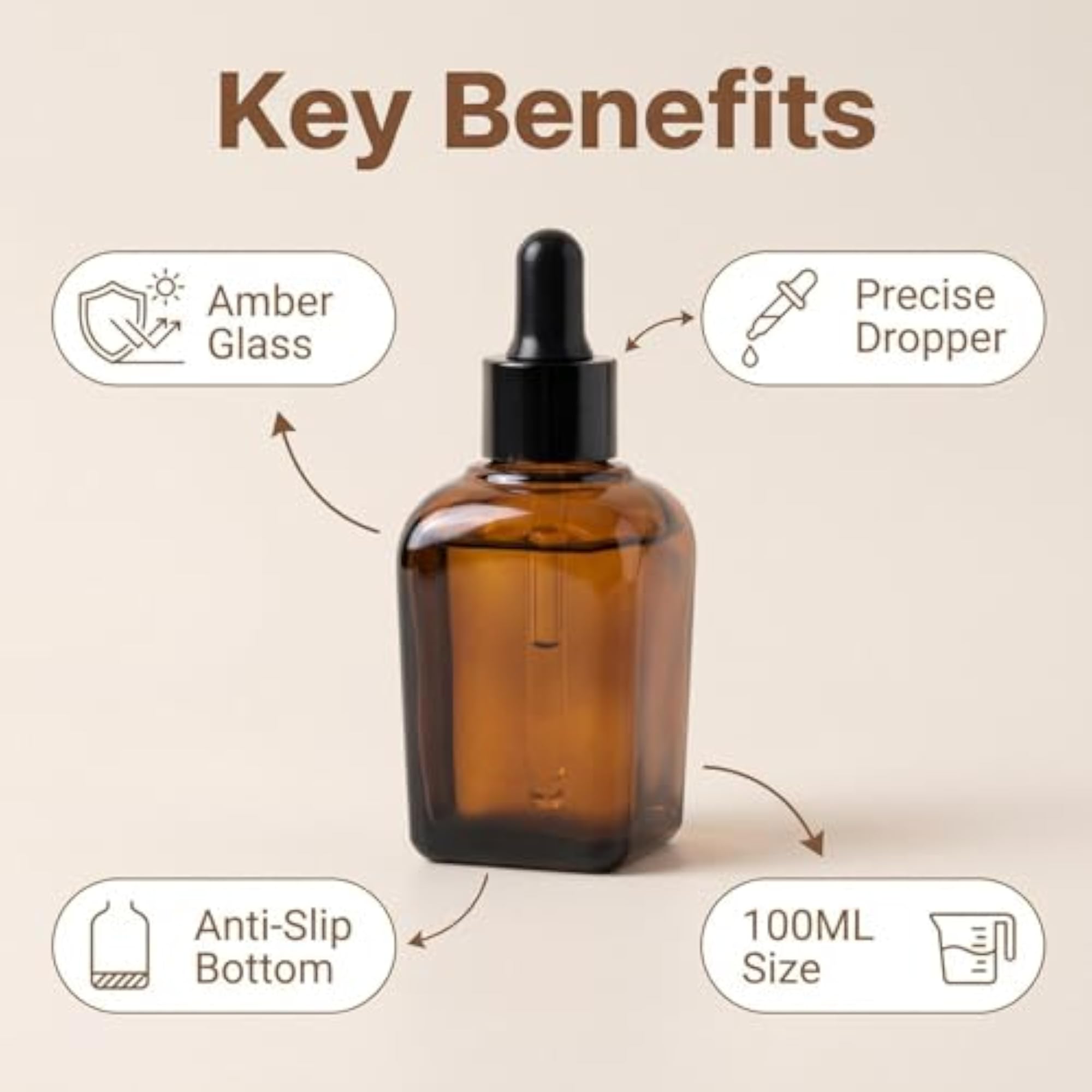 3 Pcs 100ml Amber Square Glass Dropper Bottles