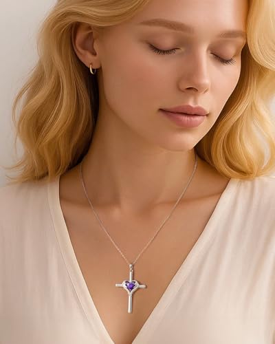 Cross Birthstone Necklace for Women 925 Sterling Silver, Heart Angel Wings Guardian Faith Protection Necklace, 18K White Gold Plated, Dainty Religious Birthday Gifts for Wife Daughter Mom 18"+2"4