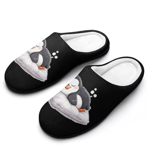 Cute Penguin Sleeping Mens Slippers Casual Slip On Warm House Shoes with Rubber Sole Indoor Outdoor 9-10?42-43?