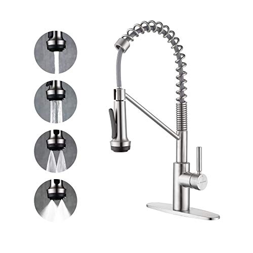 Get Discount Offer Pull-Down Kitchen Faucet Brushed Nickel,Utility Kitchen Sink Faucet with Pull Down 4 Modes Sprayer,Solid Brass Single Handle Faucet for Kitchen Farmhouse Sink
