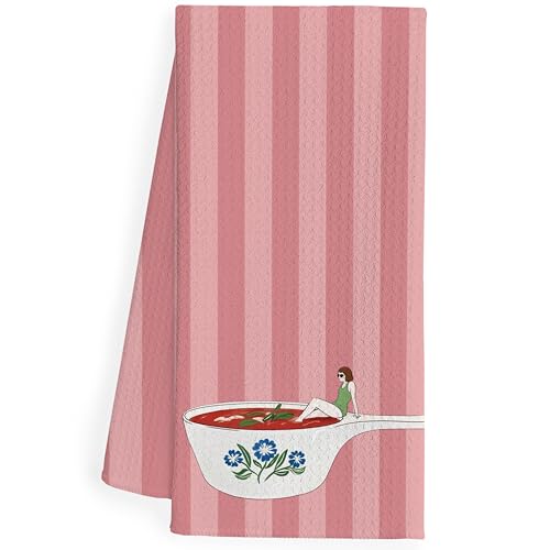 QEJ Funny Women Tomato Soup Kitchen Dish Towels, Soup Lovers Gifts for Women, Trendy Retro Pink Striped Whimsical Decorative Hand Tea Towels for Kitchen Dining Room, 16x24 Inch
