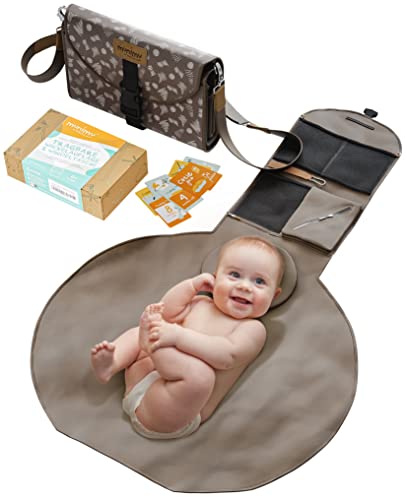 Image of munimu® Portable Baby Diaper Changing Pad – Stylish Travel Changing Mat Bag with 5 Pockets & Adjustable Strap Converts into an XXL Waterproof Changing Pad – Portable Changing Pads, Brown